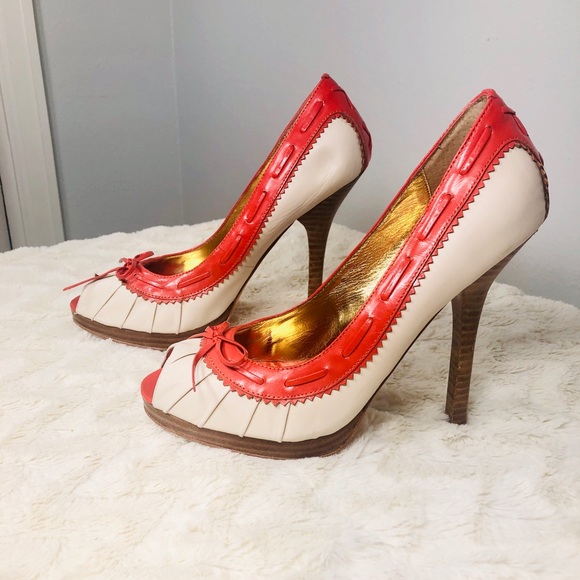 Bebe Capri Orange and Off-White Peep Toe Stilettos - Picture 2 of 9